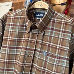 Local Boy Outfitters Plaid Flannel Button Down Shirt Mens Medium Brown Blue